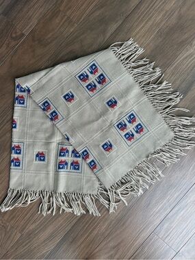 Vtg Cute Cross Stitch Embroidered Throw Blanket Country Farmhouse Cottage Tan